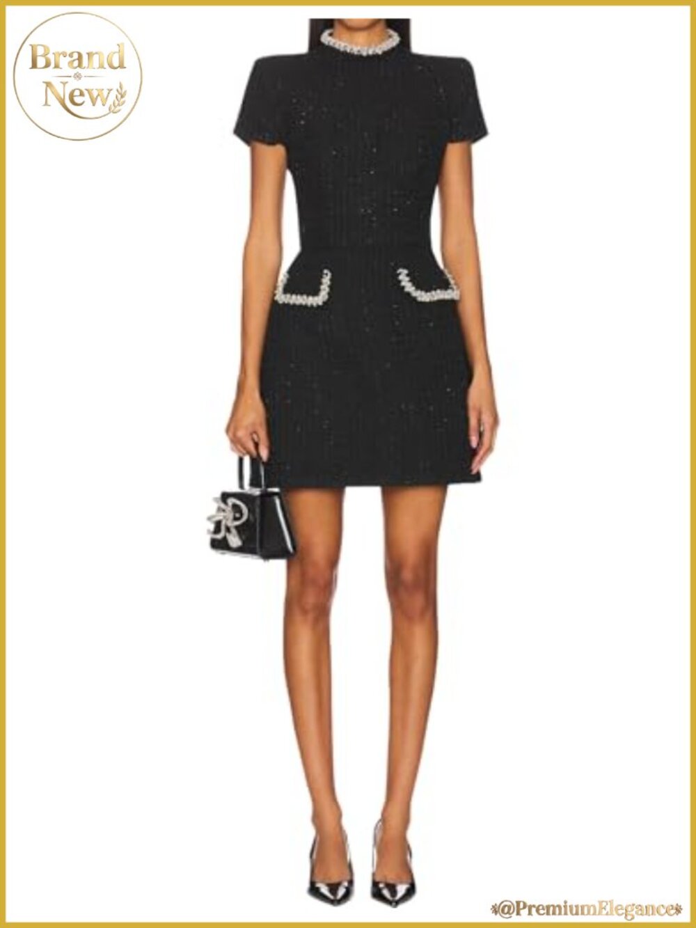 Tweed Bodycon Mini Dress Short Sleeve High Neck Pearl Trim Clubwear
